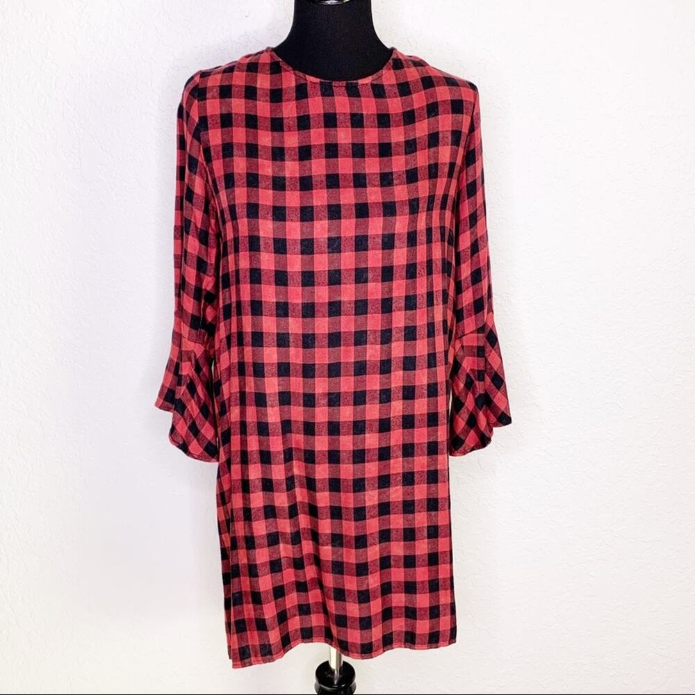 Cloth & Stone‎ red black plaid open back dress size Small